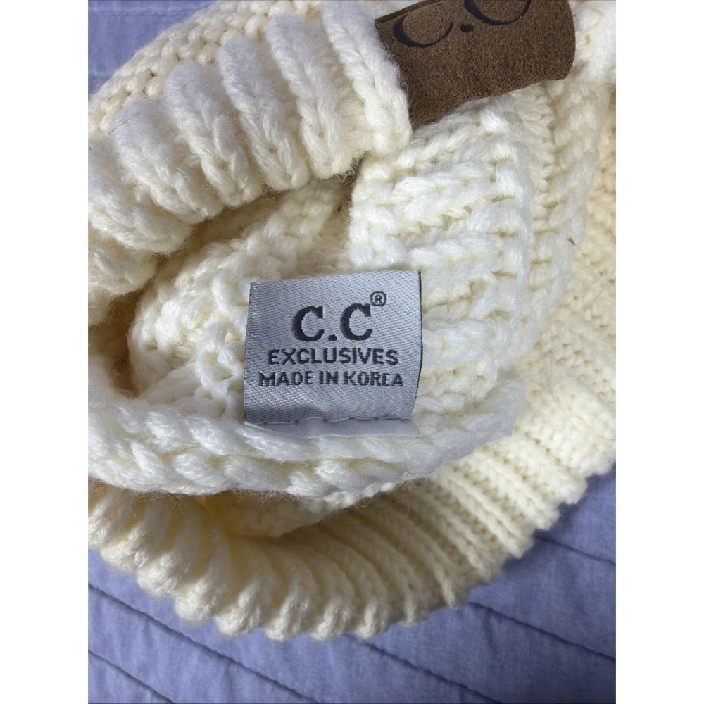 C.C Cream Ribbed Knit Beanie Womens Monogram 